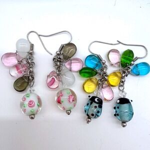 Set 2 Vintage Lampwork Glass Cha Cha Earrings Beaded Dangle Colorful
